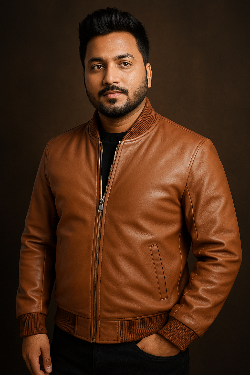 Men’s Tan Bomber Leather Jacket – Modern Casual Series
