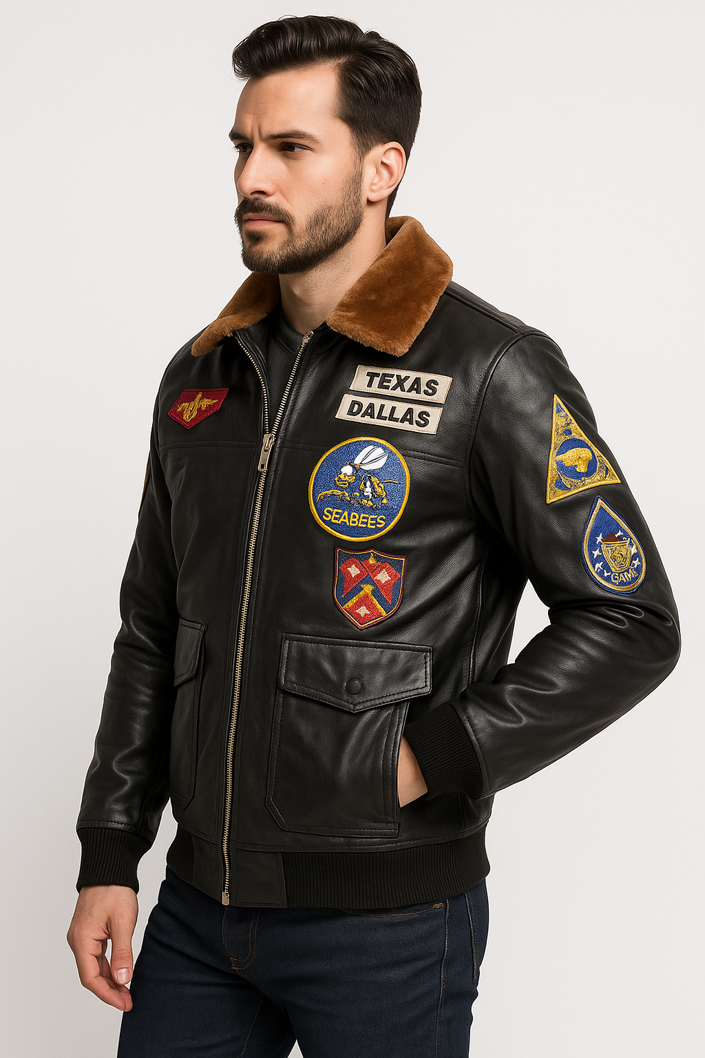Commander Aviator™ Bomber Leather Jacket – Patch Edition