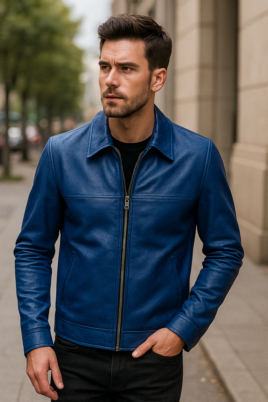 Blue Classic Leather Jacket – Urban Bold Edition