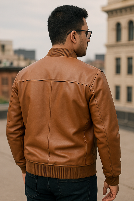 Men’s Tan Bomber Leather Jacket – Modern Casual Series