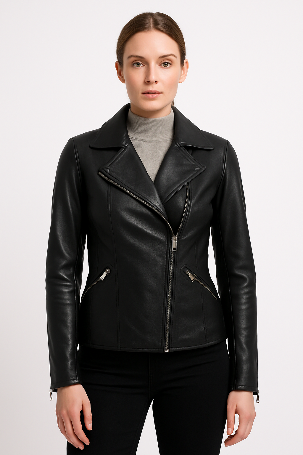 Women’s Black Asymmetrical Moto Leather Jacket – Sleek Fit Edition