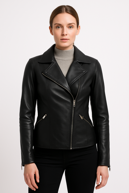 Women’s Black Asymmetrical Moto Leather Jacket – Sleek Fit Edition