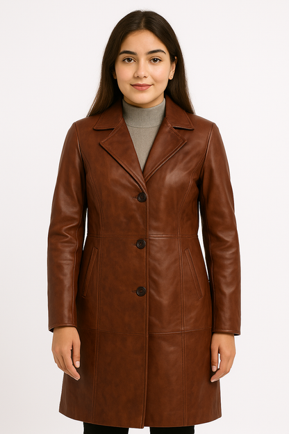 Women's Classic Long Brown Leather Coat