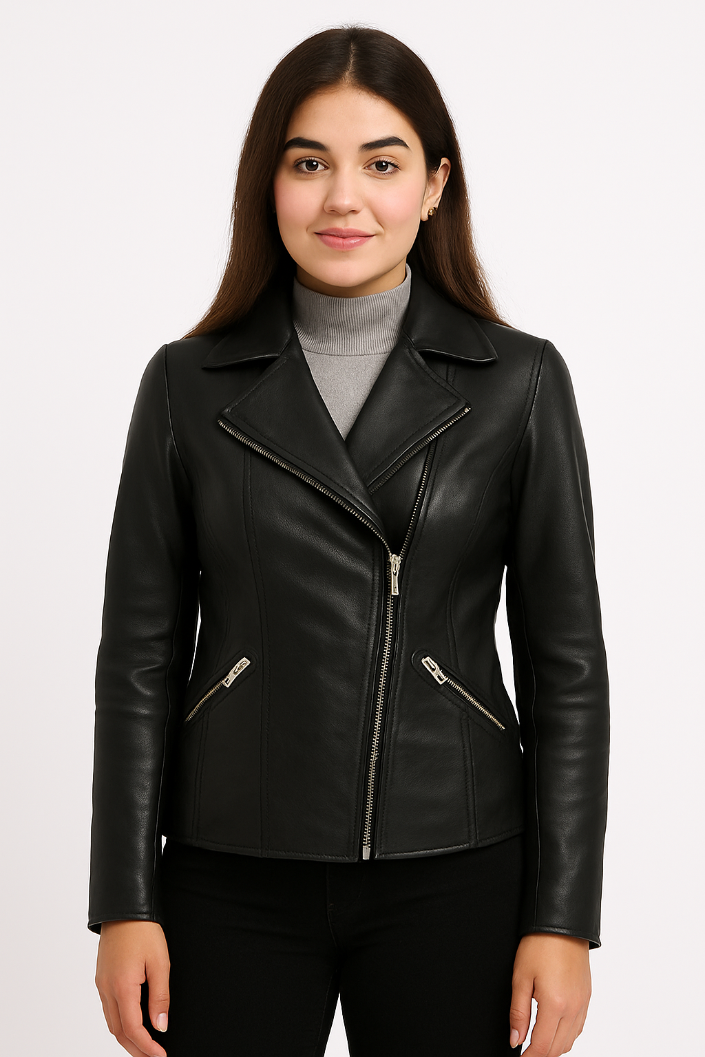 Women’s Black Asymmetrical Moto Leather Jacket – Sleek Fit Edition