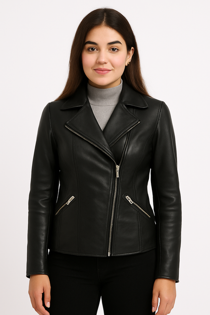 Women’s Black Asymmetrical Moto Leather Jacket – Sleek Fit Edition