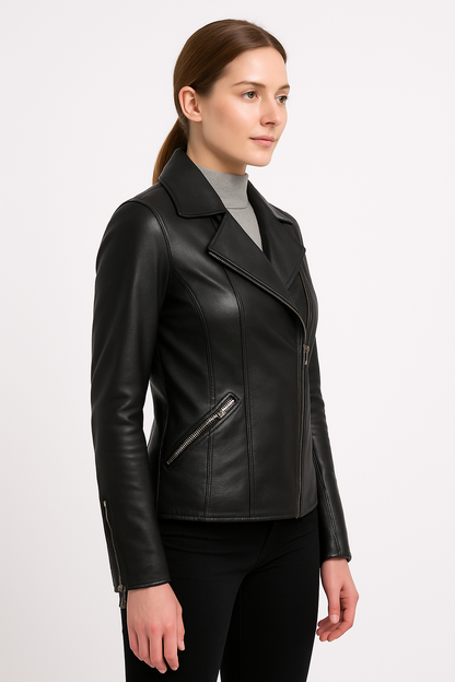Women’s Black Asymmetrical Moto Leather Jacket – Sleek Fit Edition