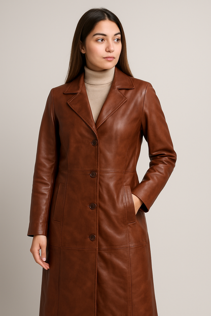 Women's Classic Long Brown Leather Coat