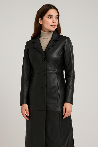 Women's Classic Long Brown Leather Coat