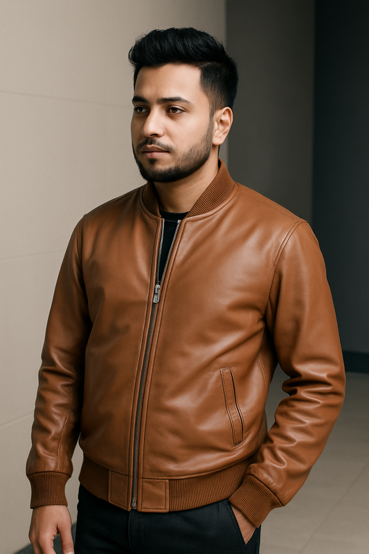 Men’s Tan Bomber Leather Jacket – Modern Casual Series