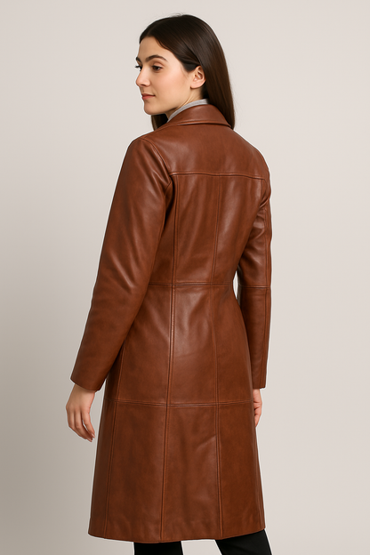 Women's Classic Long Brown Leather Coat