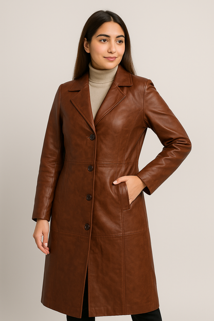 Women's Classic Long Brown Leather Coat