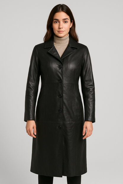 Women's Classic Long Brown Leather Coat
