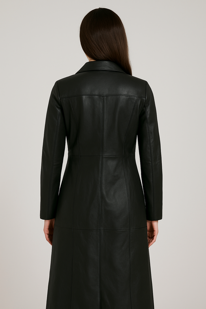 Women's Classic Long Brown Leather Coat